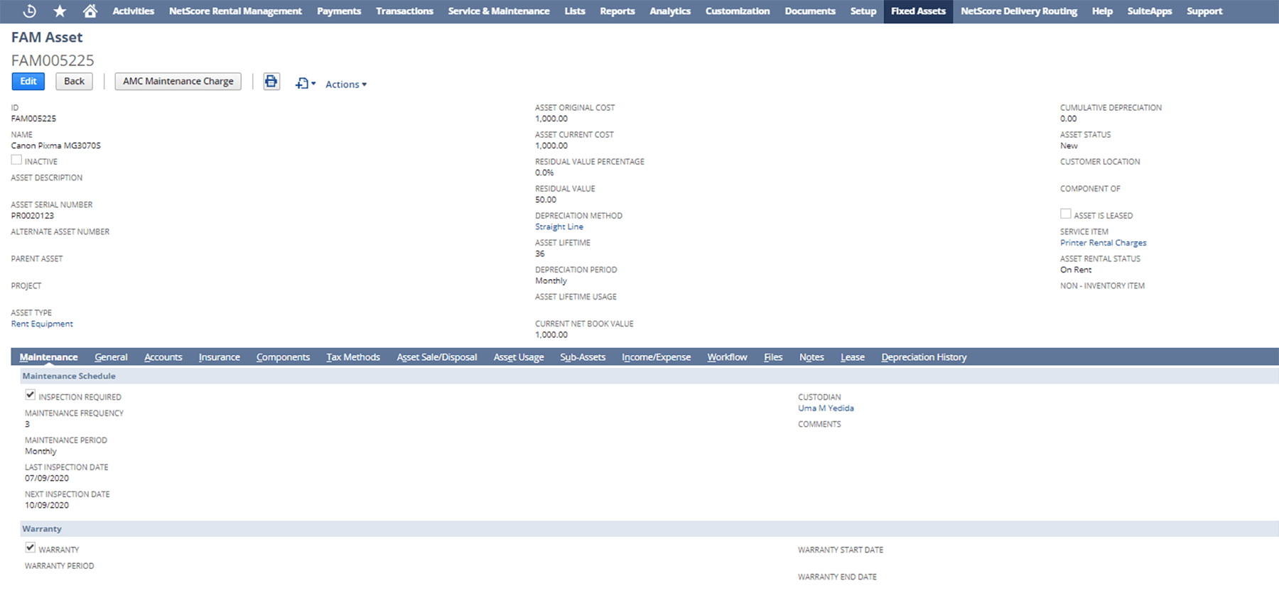 Field service FAM Asset Screen